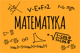 Napis matematyka na żółtym tle dookoła równania matematyczne.