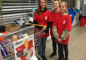 Dzieci z klasy 5b i 5c ubrane w koszulki z logo Caritas stoją obok wózka sklepowego pełnego produktów.